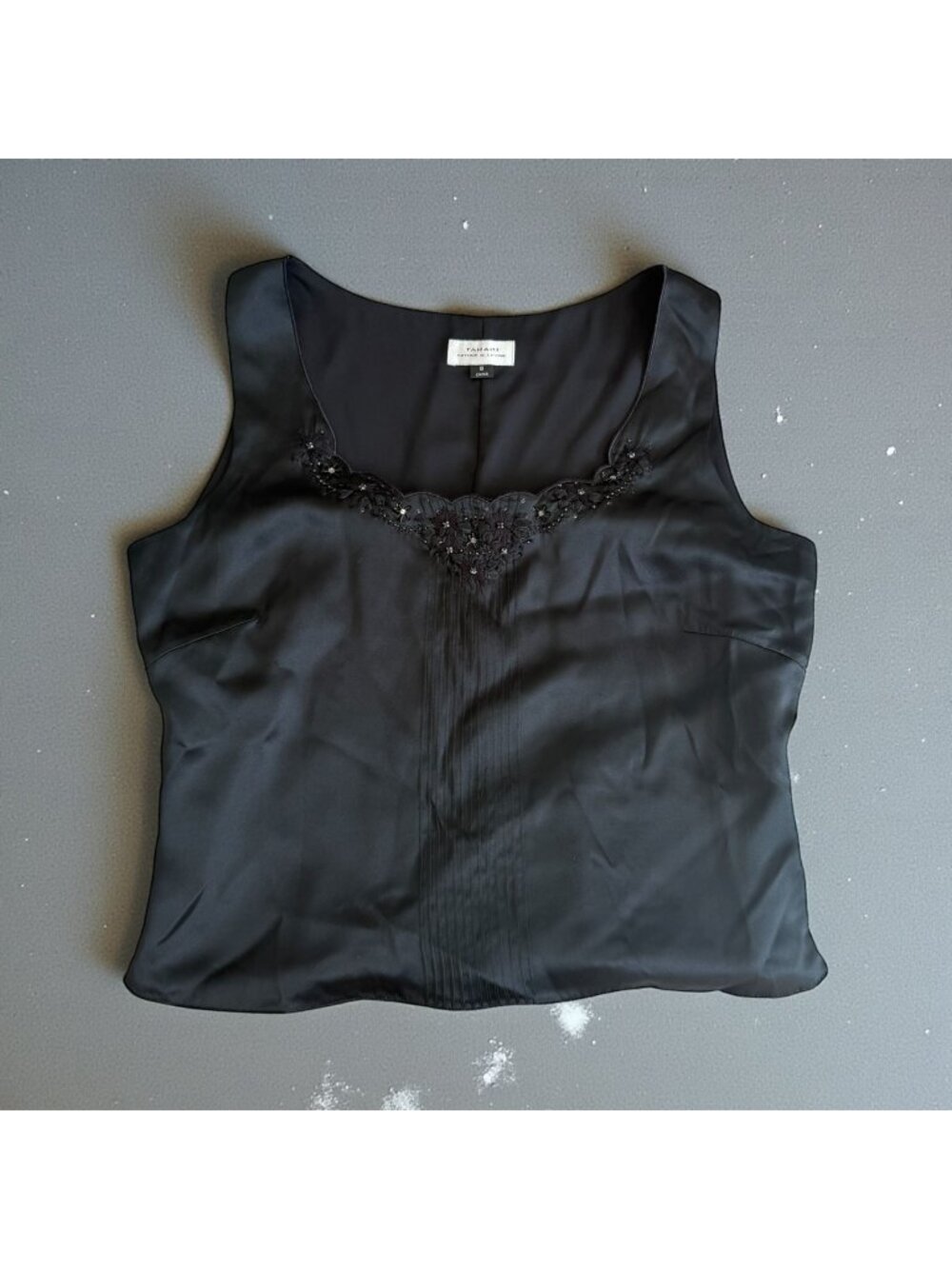 TAHARI Black Satin Jeweled Tank Top Size 8